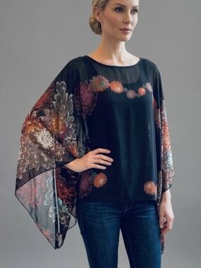 🌸 Boutique Black Floral Kaftan Poncho Blouse Top OS 🌸